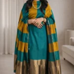 Unstitched Banarasi Cotton Suit with Resham Stripe Dupatta – Teal Green & Mustard Elegance