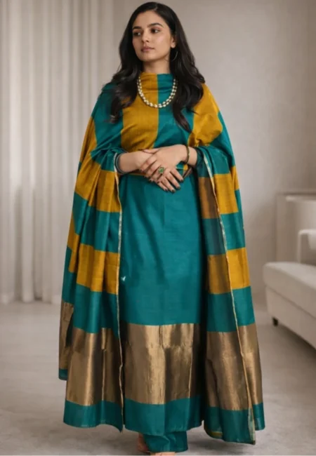 Unstitched Banarasi Cotton Suit with Resham Stripe Dupatta – Teal Green & Mustard Elegance