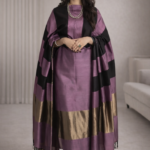 Unstitched Banarasi Cotton Suit with Resham Stripe Dupatta – Royal Purple & Black Elegance