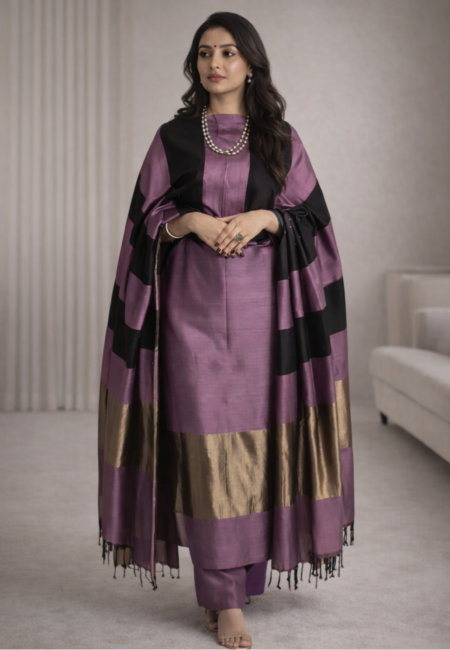 Unstitched Banarasi Cotton Suit with Resham Stripe Dupatta – Royal Purple & Black Elegance