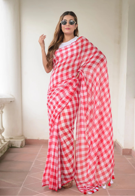 Pure Mul Cotton Saree – Red & White Checkered Summer Classic
