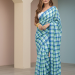 Pure Mul Cotton Saree – Blue & Green Checkered Elegance