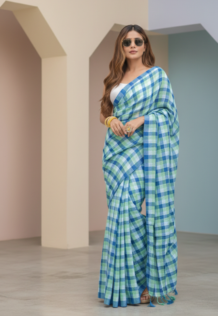Pure Mul Cotton Saree – Blue & Green Checkered Elegance