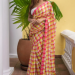 Pure Mul Cotton Saree – Pink & Yellow Checkered Charm