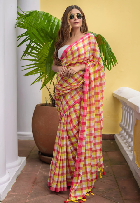 Pure Mul Cotton Saree – Pink & Yellow Checkered Charm