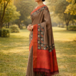 Pure Tussar Silk Handloom Saree – Earthy Brown with Red & Black Border