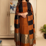 Unstitched Banarasi Cotton Suit with Resham Stripe Dupatta – Rust Brown & Black Elegance
