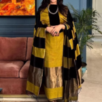 Unstitched Banarasi Cotton Suit with Resham Stripe Dupatta – Mustard Gold & Black Elegance