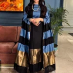 Unstitched Banarasi Cotton Suit with Resham Stripe Dupatta – Steel Blue & Black Elegance