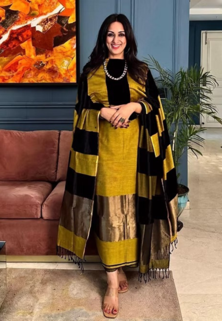 Unstitched Banarasi Cotton Suit with Resham Stripe Dupatta – Mustard Gold & Black Elegance