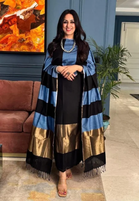 Unstitched Banarasi Cotton Suit with Resham Stripe Dupatta – Steel Blue & Black Elegance